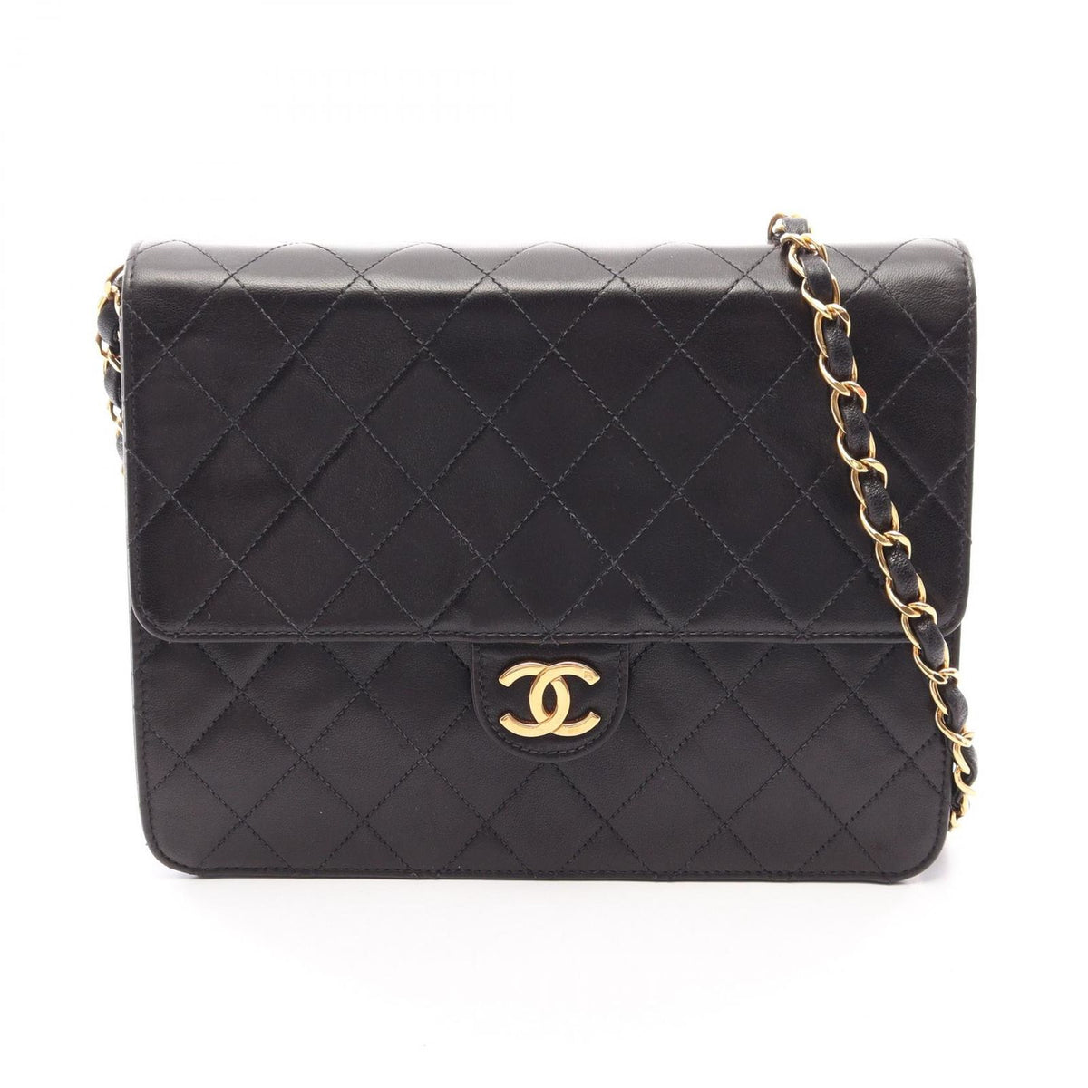 Chanel Shoulder Bag Quilted Single Flap Push Lock Black Lambskin Chain
