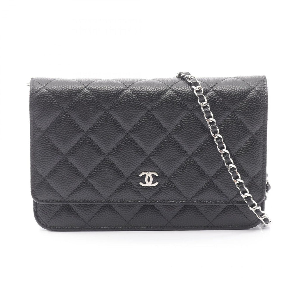 Chanel Shoulder Bag Quilted Black Caviar Leather Chain Wallet