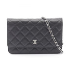 Chanel Shoulder Bag Quilted Black Caviar Leather Chain Wallet