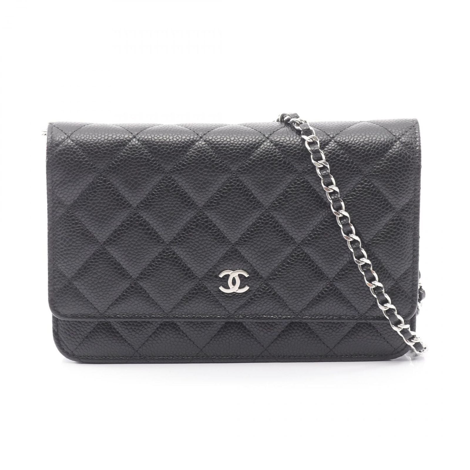 Chanel Shoulder Bag Quilted Black Caviar Leather Chain Wallet