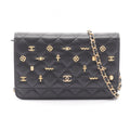 Chanel Shoulder Bag Quilted Egyptian Charm Black Lambskin Chain Wallet