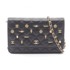 Chanel Shoulder Bag Quilted Egyptian Charm Black Lambskin Chain Wallet