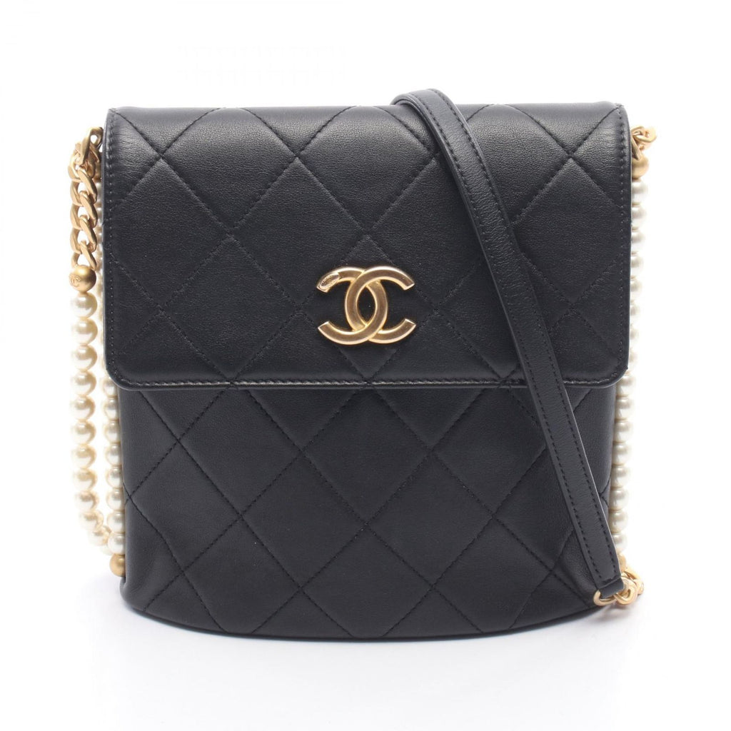 Chanel Shoulder Bag Quilted Faux Pearl Bag Black Leather Chain