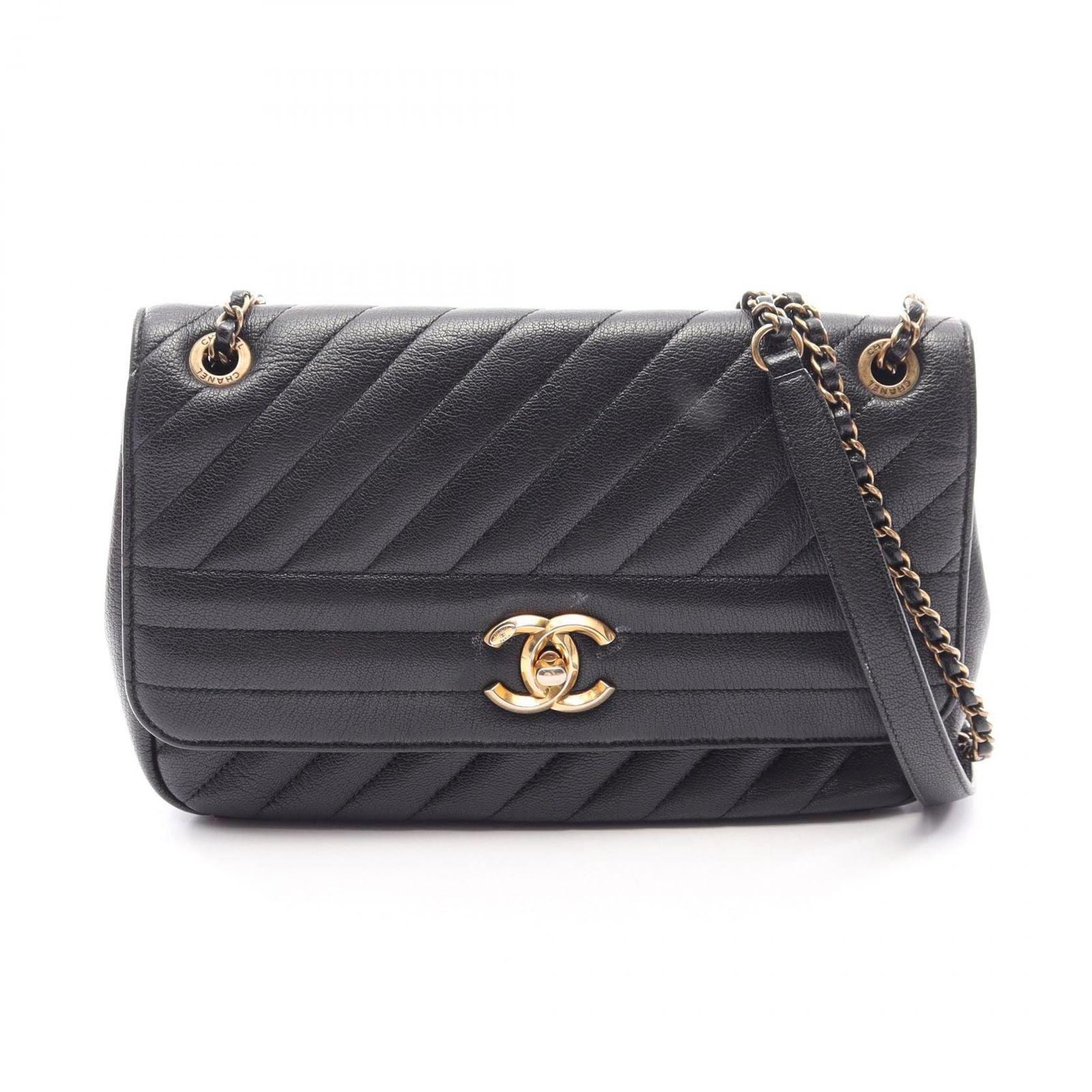 Chanel Shoulder Bag CC Logo Quilted Flap Black Leather Chain