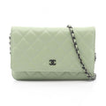 Chanel Shoulder Bag Quilted Black Light Green Lambskin Chain Wallet