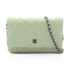 Chanel Shoulder Bag Quilted Black Light Green Lambskin Chain Wallet