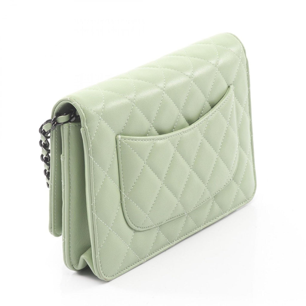 Chanel Shoulder Bag Quilted Black Light Green Lambskin Chain Wallet — view 2