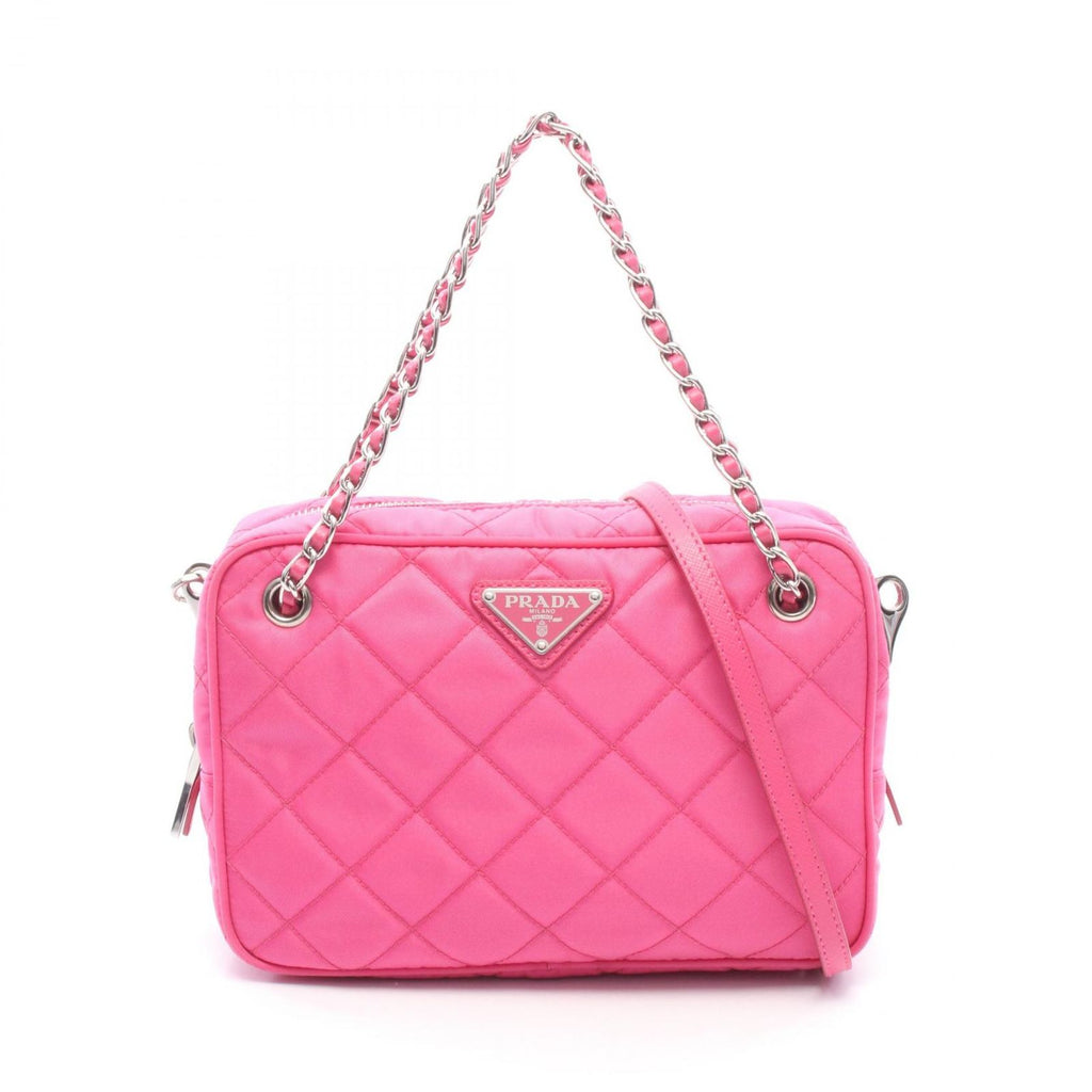 Prada Handbag 2-Way Fuchsia Pink Nylon Leather Triangle Logo Quilted
