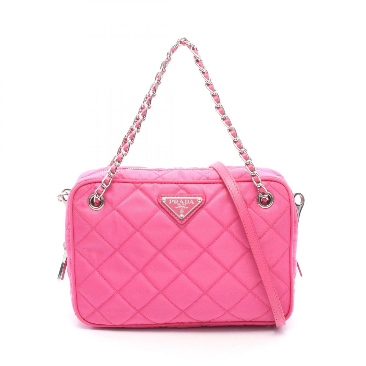 Prada Handbag 2-Way Fuchsia Pink Nylon Leather Triangle Logo Quilted