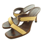 Chanel Sandals Raffia Leather CC Logo Square Toe High Heels 36 Brown Beige SS