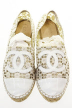 Chanel Espadrille Shoes White 37 Lace CC Logo Slip Ons Hemp Beige Aa — view 2