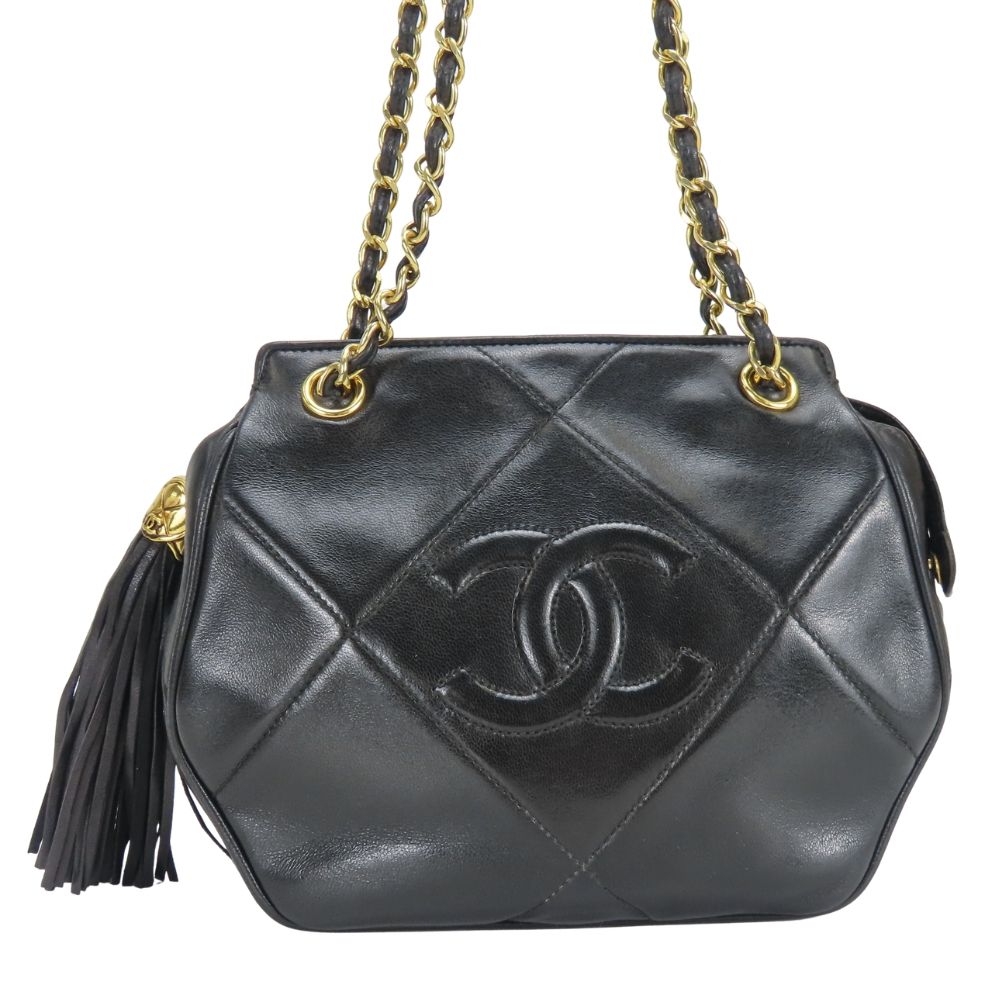 Chanel Shoulder Bag Fringe Lambskin Black Gold CC Logo Chain