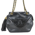 Chanel Shoulder Bag Fringe Lambskin Black Gold CC Logo Chain