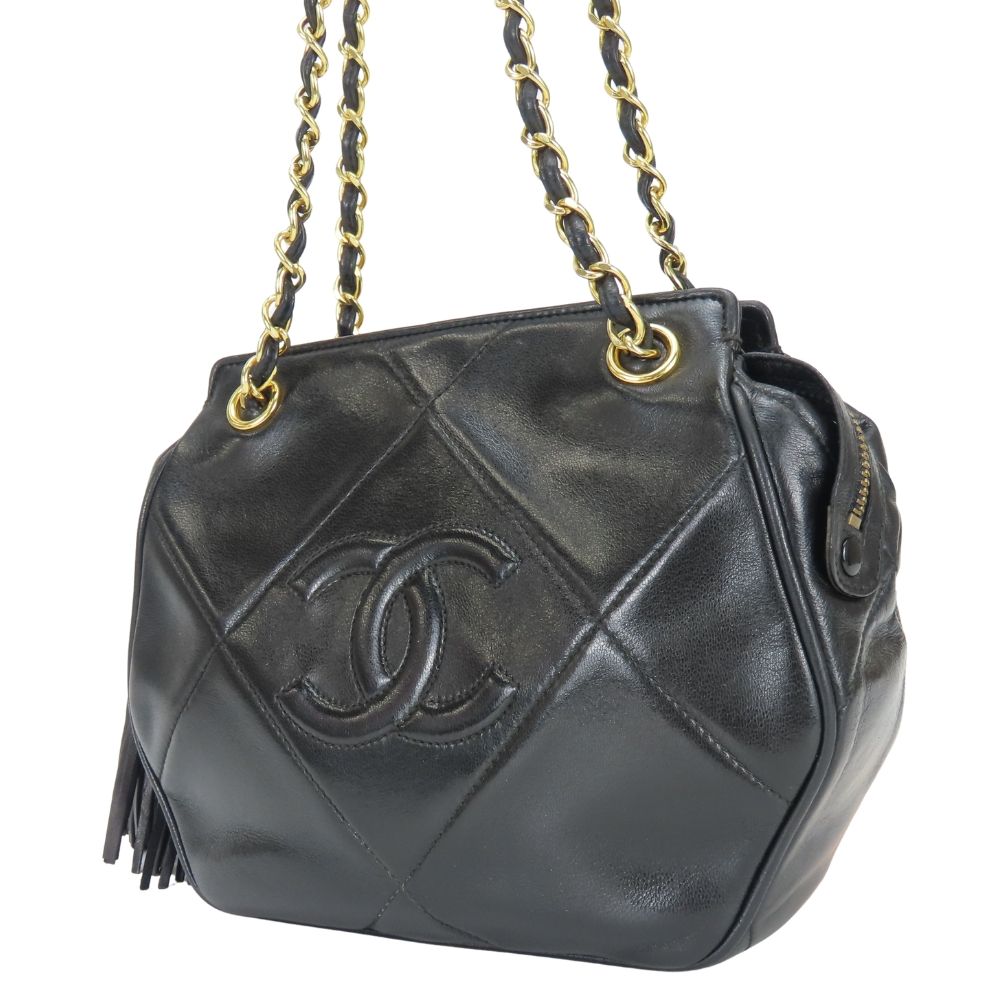 Chanel Shoulder Bag Fringe Lambskin Black Gold CC Logo Chain — view 2