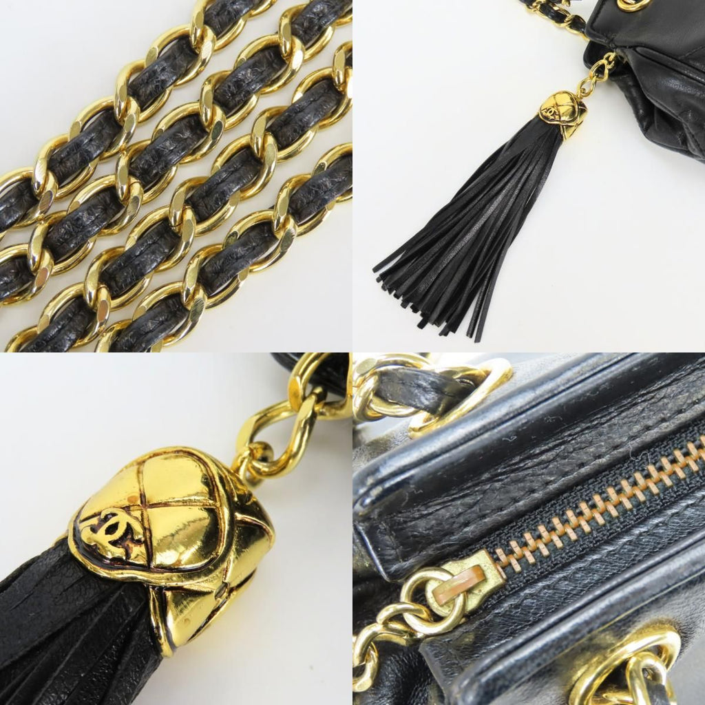 Chanel Shoulder Bag Fringe Lambskin Black Gold CC Logo Chain — view 6