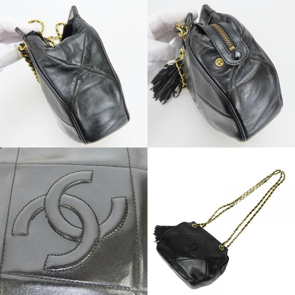 Chanel Shoulder Bag Fringe Lambskin Black Gold CC Logo Chain — view 5