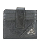 Prada Billfold Saffiano Leather Metallic Gray Black Silver Bifold Card Case