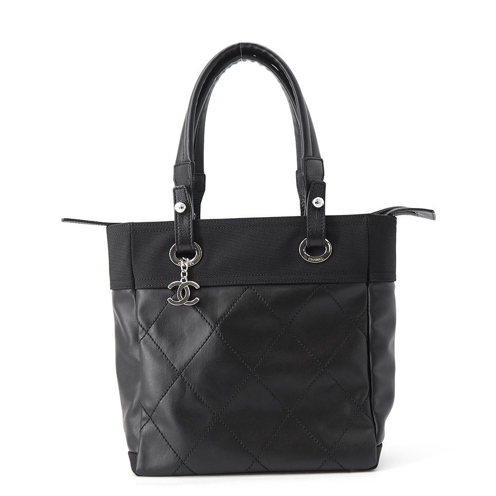 Chanel Tote Paris Biarritz PM Quilted CC Logo Small Leather Canvas Black