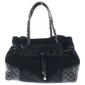 Chanel Quilted Chain Tote Black Leather Calf Hair Silver