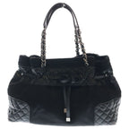 Chanel Quilted Chain Tote Black Leather Calf Hair Silver