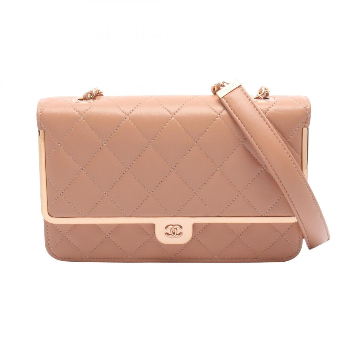 Chanel Shoulder Bag Quilted Pink Beige Lambskin Chain Wallet