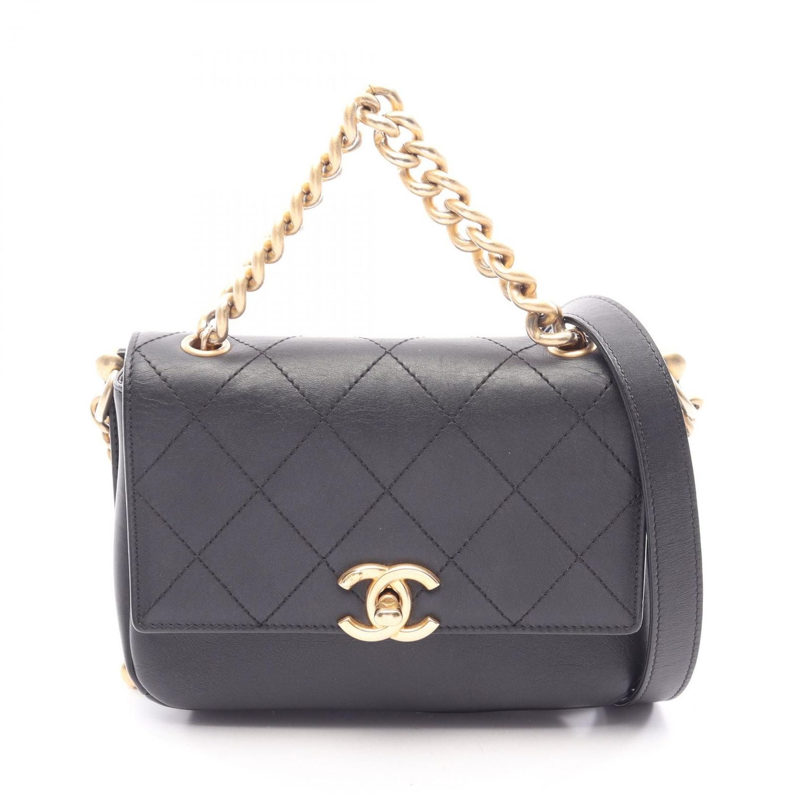 Chanel Shoulder Bag Quilted 2-Way Black Leather Small Flap Chain