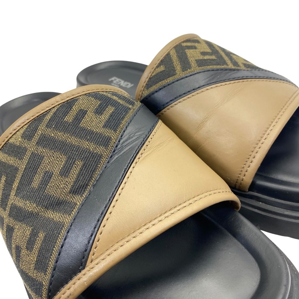 Fendi Diagonal Sandals Beach Slide FF Logo Leather Brown Jacquard 9 — view 7
