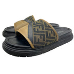 Fendi Diagonal Sandals Beach Slide FF Logo Leather Brown Jacquard 9