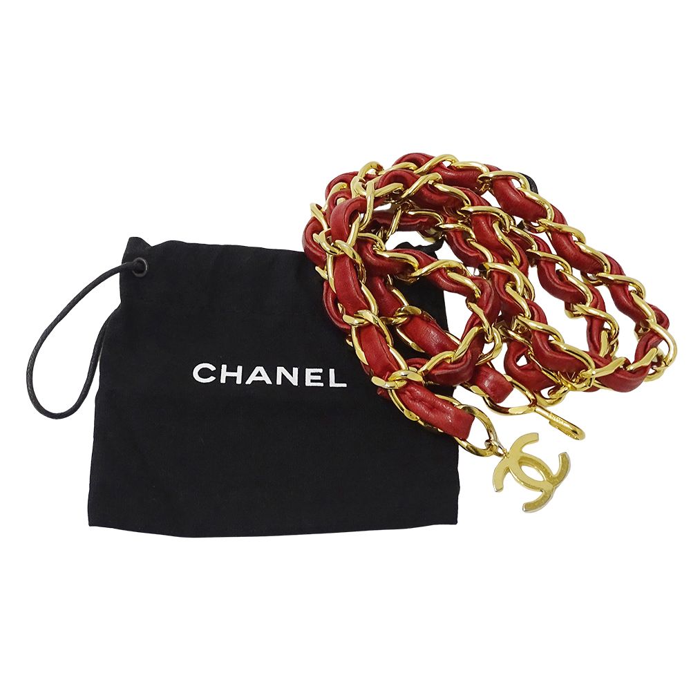 Chanel Belt Chain Leather Red Gold CC Logo — view 5