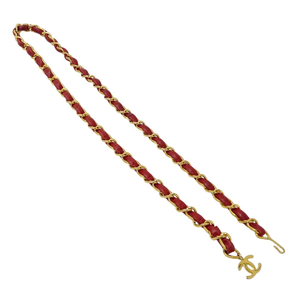 Chanel Belt Chain Leather Red Gold CC Logo — view 2