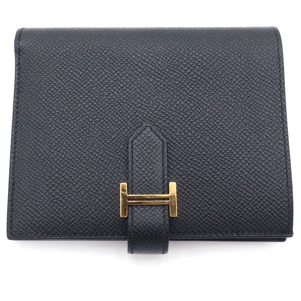 Hermes Bearn Compact Leather Wallet Bifold Gold Black
