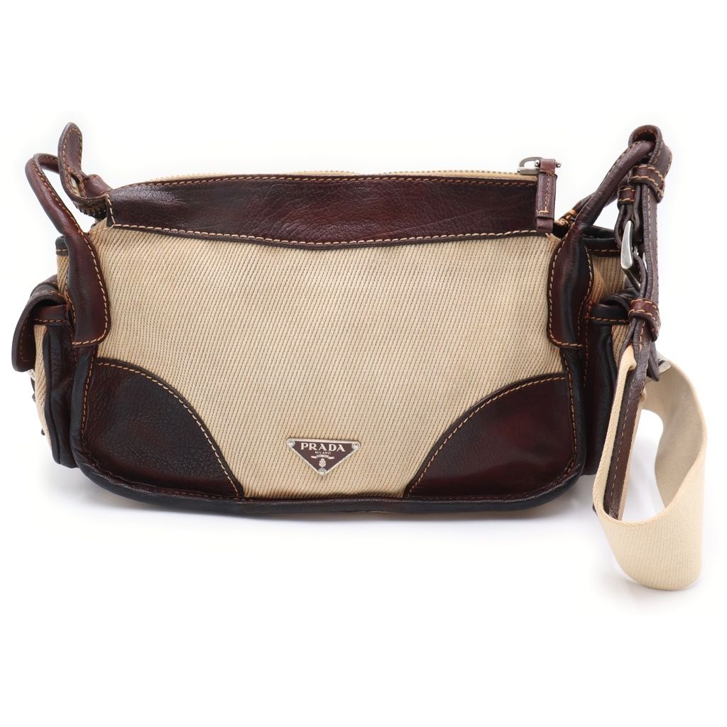 Prada Shoulder Bag Brown Ivory Leather Canvas Silver