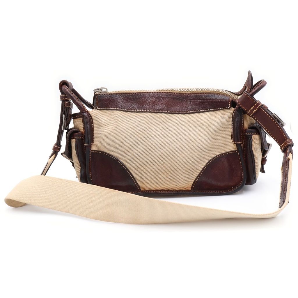 Prada Shoulder Bag Brown Ivory Leather Canvas Silver — view 2