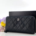 Chanel Wallet Quilted CC Logo Caviar Leather Black Zip Around Card