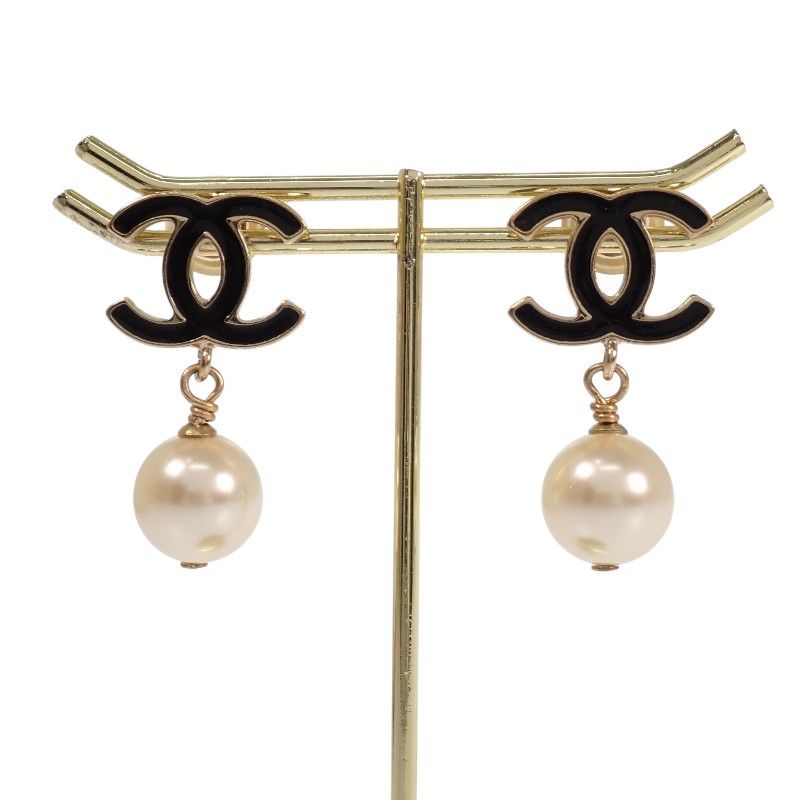 Chanel CC Logo Pearl Drop Earrings Metal Faux Black Gold