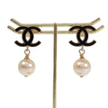 Chanel CC Logo Pearl Drop Earrings Metal Faux Black Gold