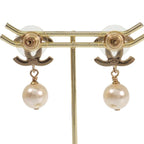 Chanel CC Logo Pearl Drop Earrings Metal Faux Black Gold