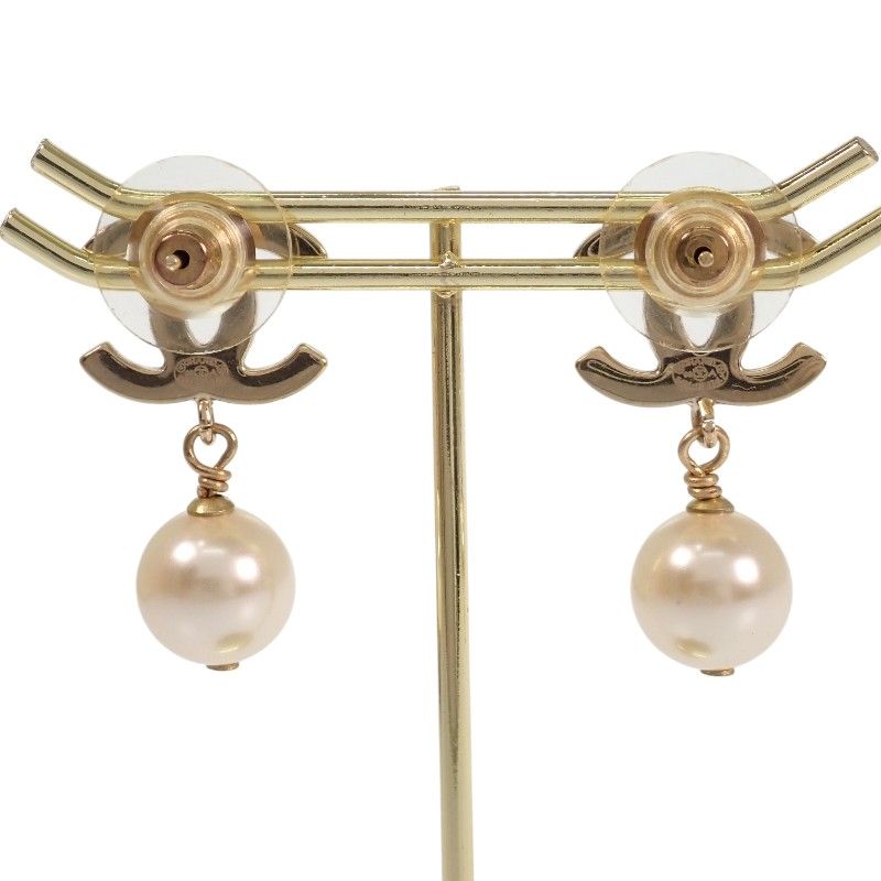 Chanel CC Logo Pearl Drop Earrings Metal Faux Black Gold