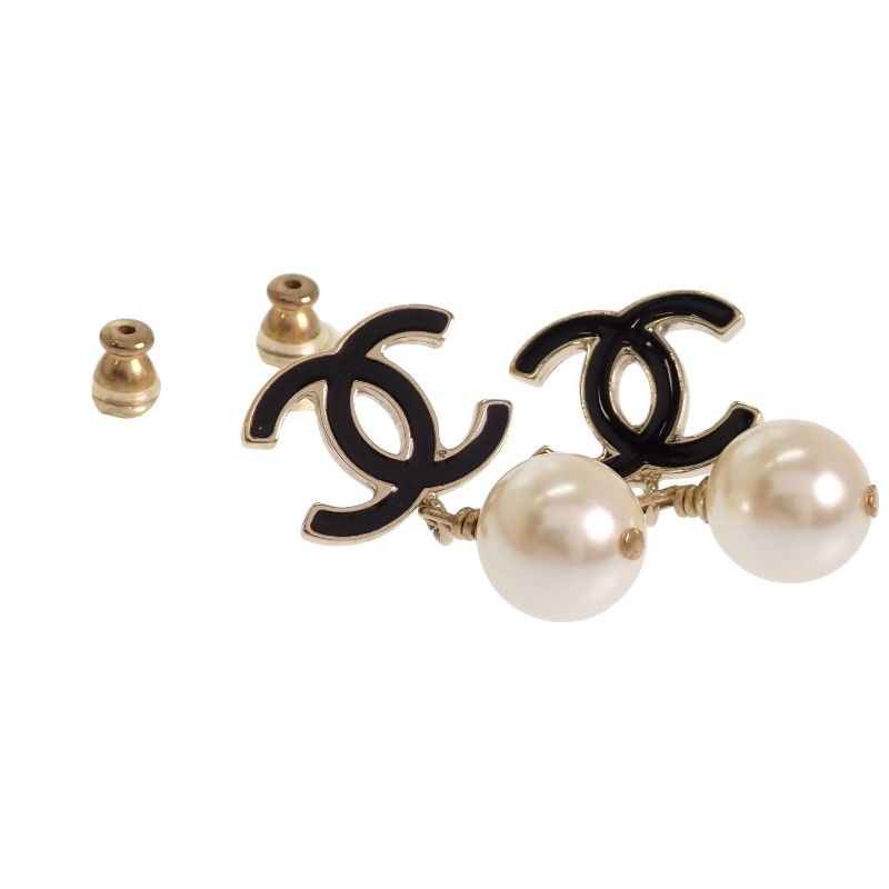 Chanel CC Logo Pearl Drop Earrings Metal Faux Black Gold