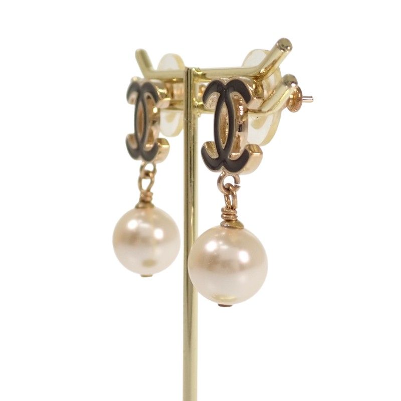 Chanel CC Logo Pearl Drop Earrings Metal Faux Black Gold