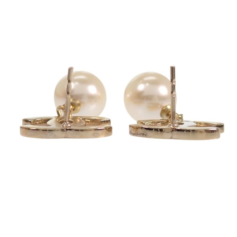 Chanel CC Logo Pearl Drop Earrings Metal Faux Black Gold
