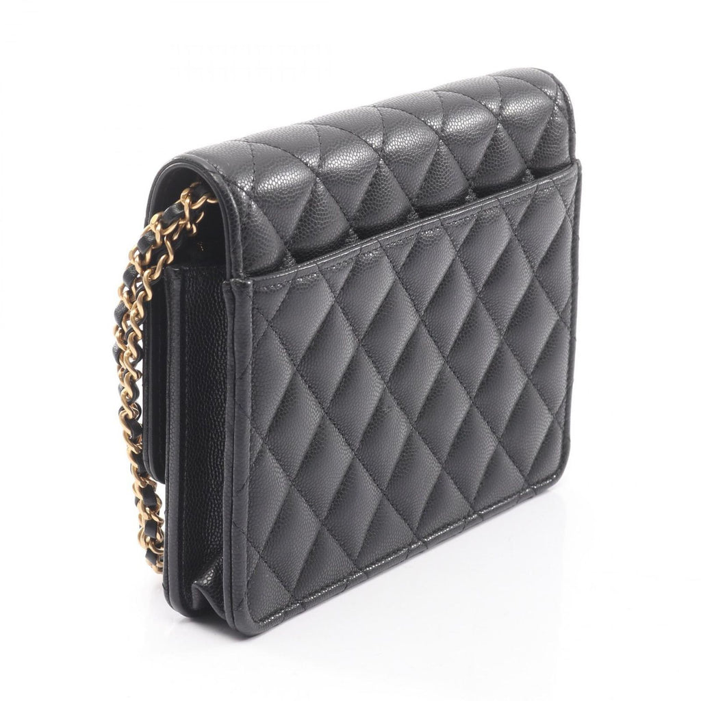 Chanel Shoulder Bag Quilted Black Caviar Leather Chain Wallet — view 2