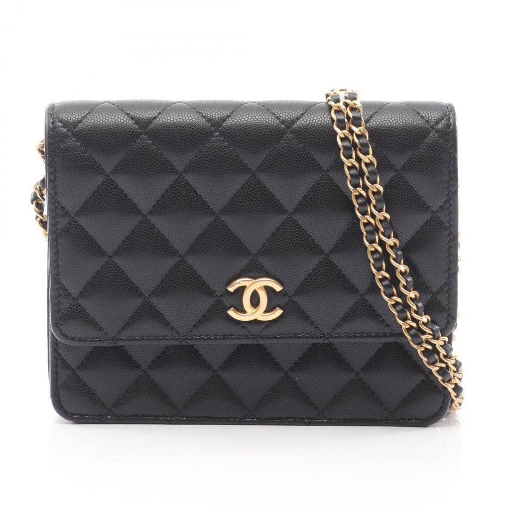 Chanel Shoulder Bag Quilted Black Caviar Leather Chain Wallet