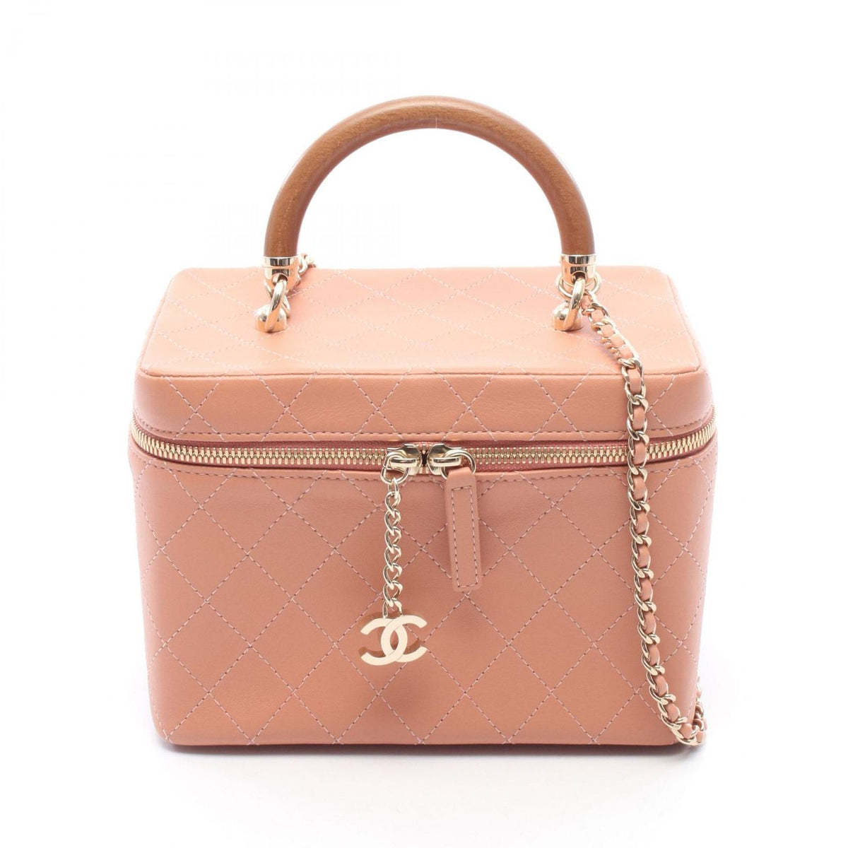 Chanel Shoulder Bag Quilted Pink Beige Leather Wood Handle Vanity Chain