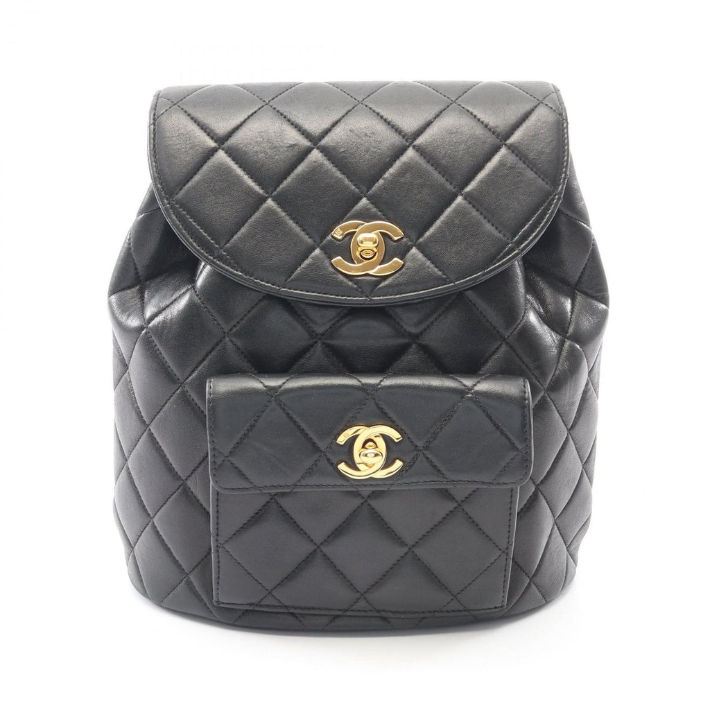Chanel Backpack Quilted Black Lambskin Double Turnlock Chain