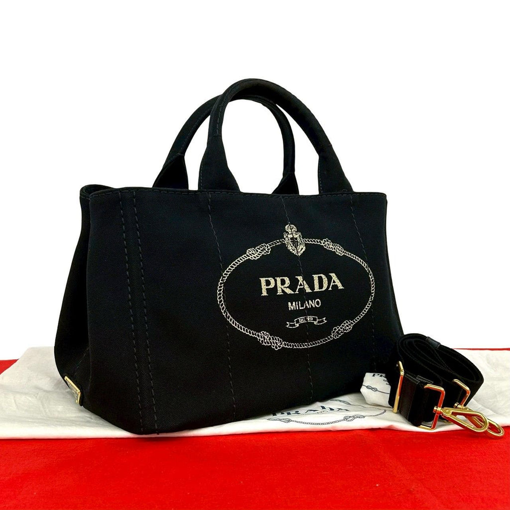 Prada Canapa Triangle Logo Canvas 2-Way Shoulder Bag Tote Black