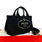 Prada Canapa Triangle Logo Canvas 2-Way Shoulder Bag Tote Black
