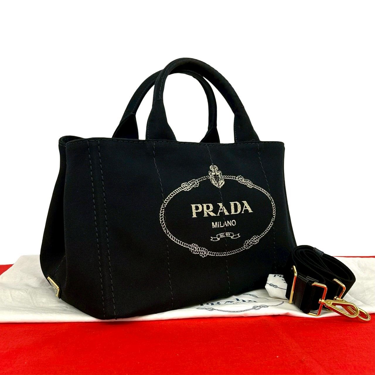 Prada Canapa Triangle Logo Canvas 2-Way Shoulder Bag Tote Black