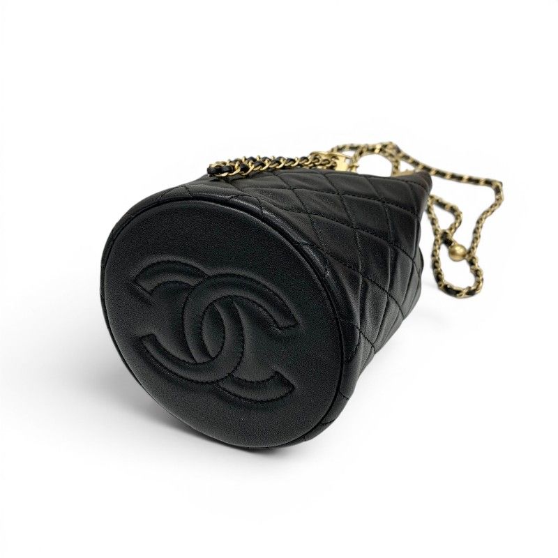 Chanel Shoulder Bag Black Gold CC Logo Chain Back Drawstring — view 4