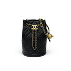 Chanel Shoulder Bag Black Gold CC Logo Chain Back Drawstring
